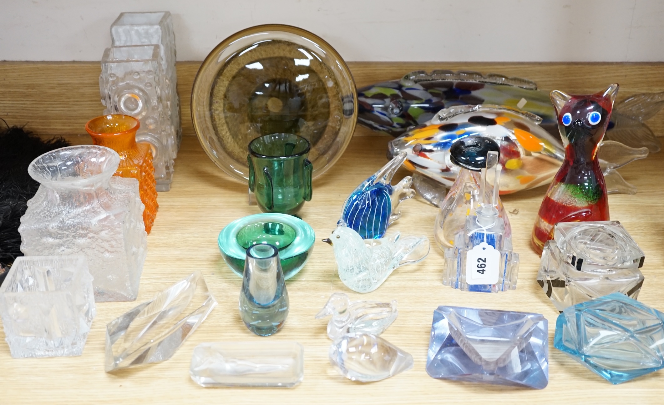 A collection of clear and coloured art glassware, including an Art Deco scent bottle and stopper and a pot and cover, largest 54cm in length. Condition - mostly fair